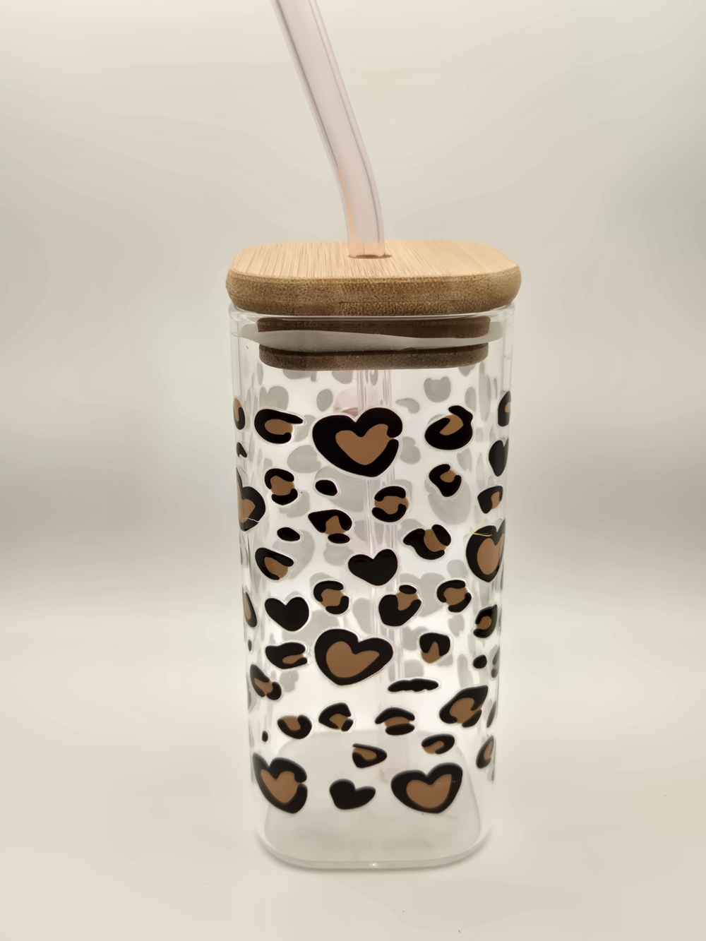Bamboo Lid Leopard Heart Glass Tumbler with Straw - Pink Straw